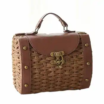 

Women Rattan Bags Vintage Designer Shoulder Bags Straw Knitted Handbags Bali Bags(Brown)