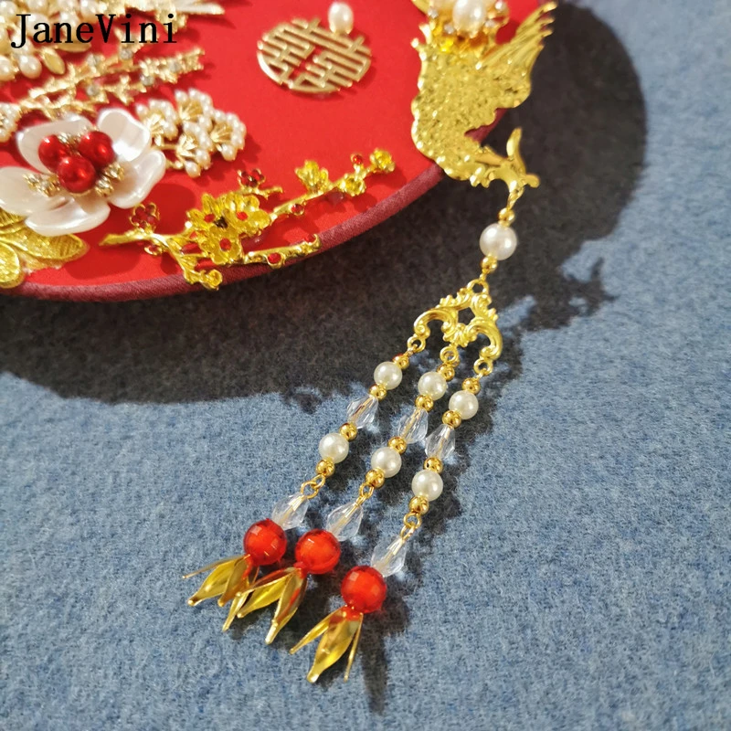JaneVini Gold Phoenix Tassel Traditional Wedding Bridal Fan Red Chinese Style Pearl Beaded Bride Fan Bouquet Handmade Flowers
