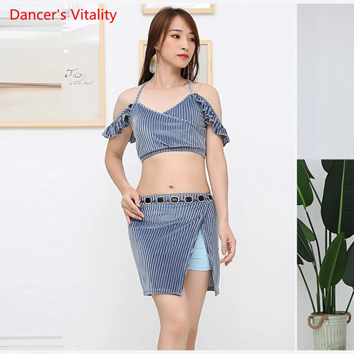 Light blue Дешевая Летняя женская одежда 2 танца живота практика представление платье показать короткий рукав Топ короткая юбка сексуальный комплект - Цвет: Light blue