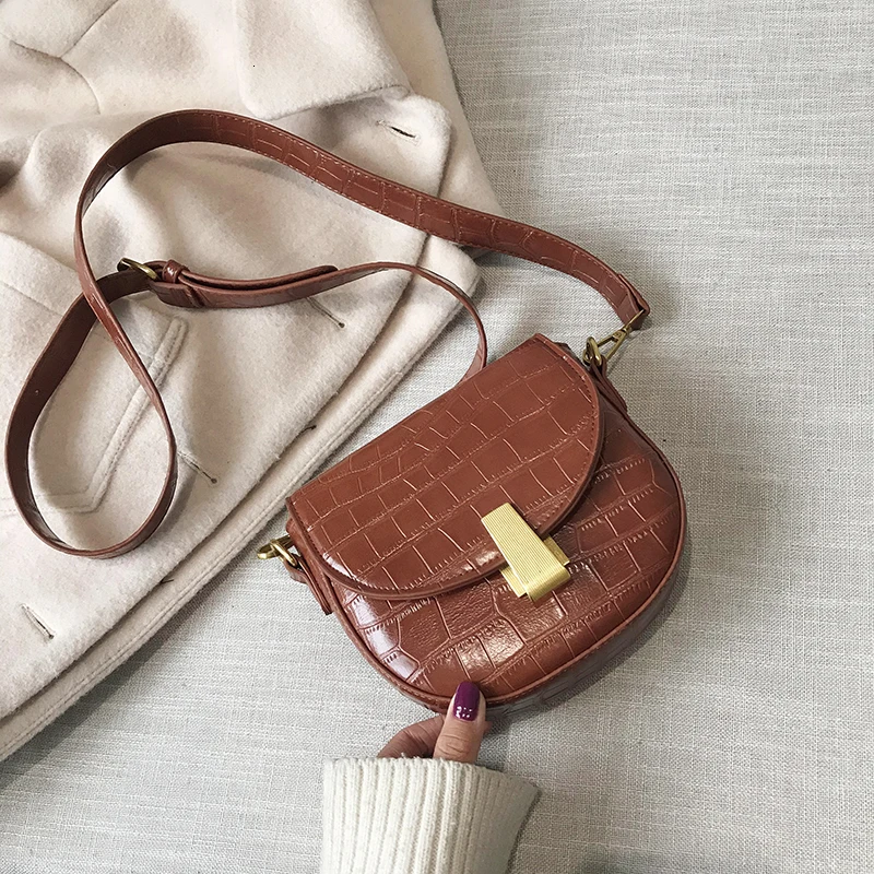 Мини-седельная сумка с каменным узором из искусственной кожи для женщин, Женская одноцветная сумка через плечо, женские сумки и кошельки - Цвет: Brown