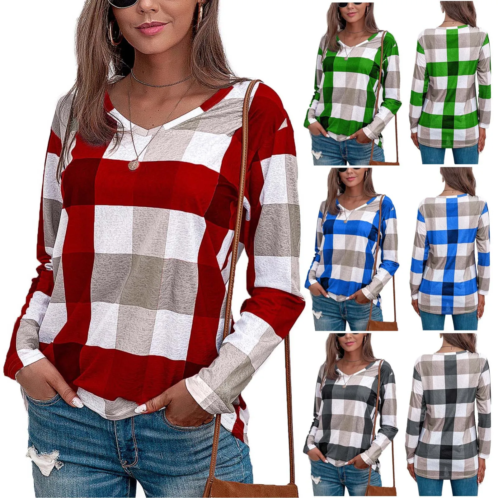 2021 Fashion Women's Blouse Casual Lattice Printed Long Sleeve V-neck Tunic Blouse Tops Vetement Femme 1