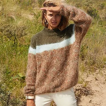 

POP Casual Streetwear Turtleneck Autumn/Winter Clothes Regular Long Sleeve Multi-Color Striped Patchwork Pullover Sweater Women