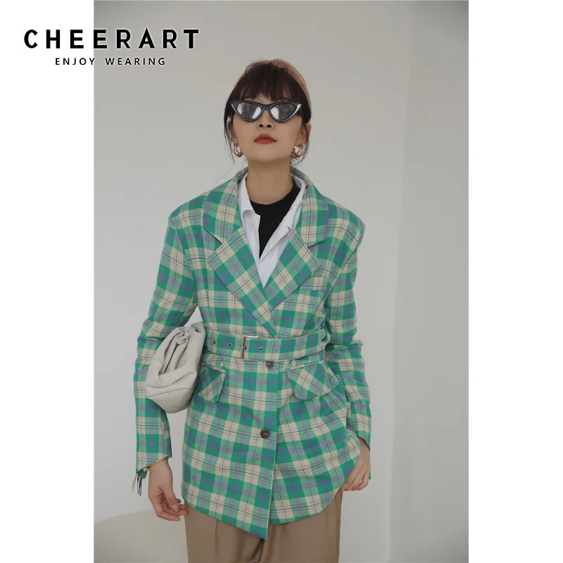 Cheerart зеленый плед женские блейзеры и куртки Высокая мода весна пальто; костюм; куртка Женский блейзер с поясом Femme