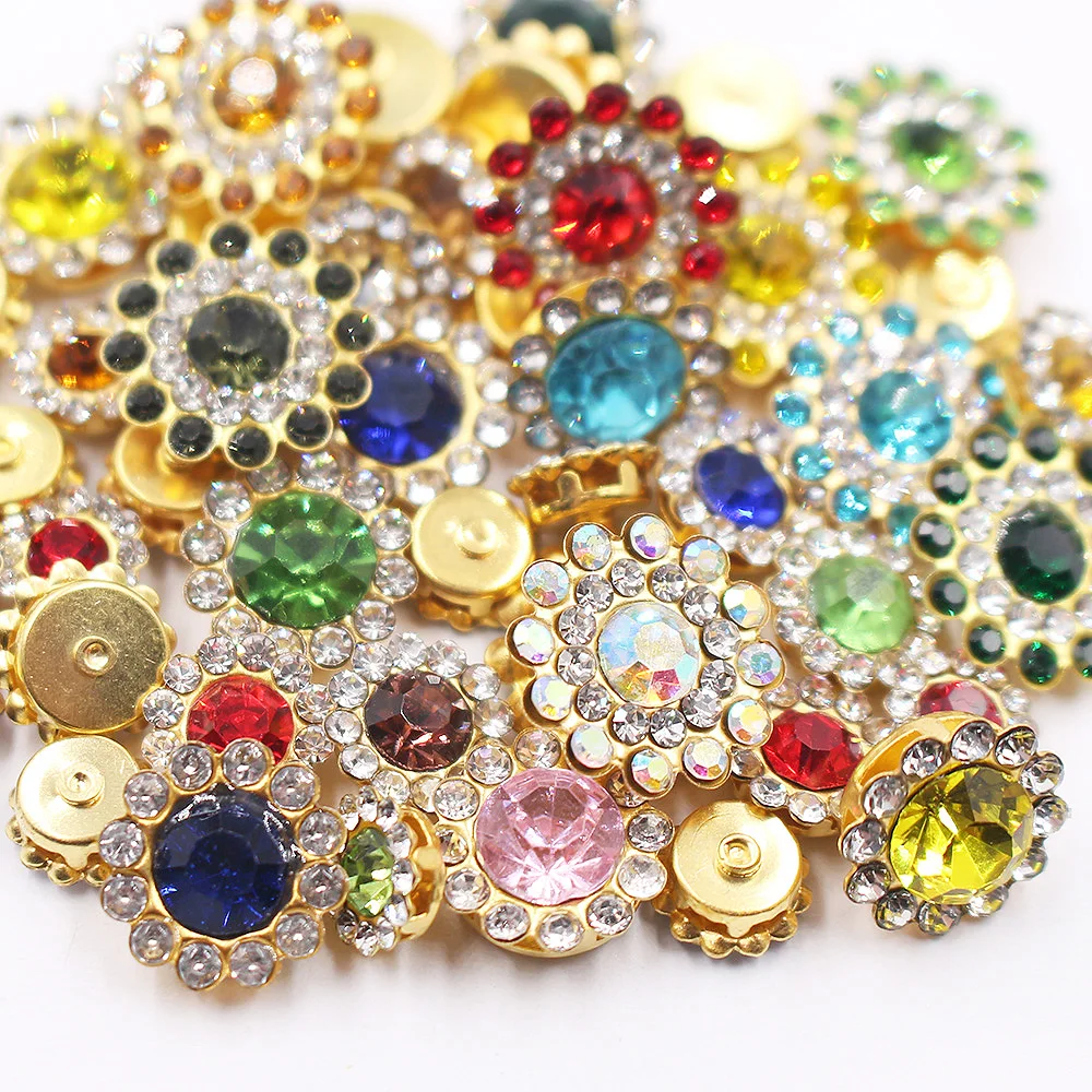 8mm-14mm Sun Flower Lace Claw Rhinestones Gold Cup Base Glitter Crystals Stones Sewing Rhinestones for Needlework Glass Button