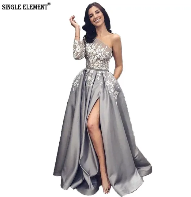 

SINGLE ELEMENT Split Prom Dresses Satin Lace Appliques One Shoulder Long Evening Dresses A-line Grey