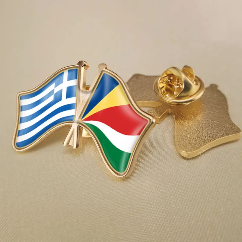Greece and Seychelles Crossed Double Friendship Flags Lapel Pins Brooch BadgesBrooches