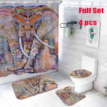 

Oil Painting Indian Mandala Elephant Toilet Pad Cover Fabric Shower Curtains Set Anti-slip Bathroom Mat Kitchen Carpet