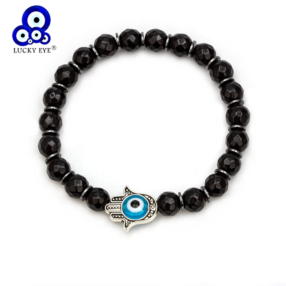 

Lucky Eye Hand of Fatima Hamsa Charm Bracelet Stone Beads Blue Turkish Evil Eye Bracelet Adjustable Jewelry for Women Men EY6437