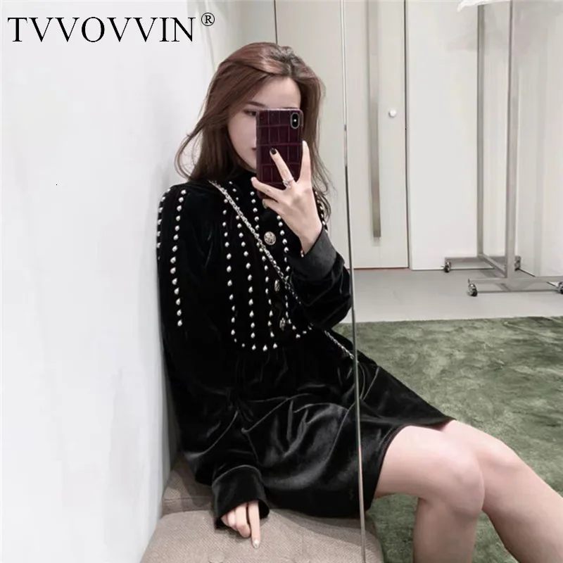 TVVOVVIN осеннее модное маленькое Настоящее женское маленькое черное платье с длинным рукавом из плюша, горячая Распродажа платьев ZX138