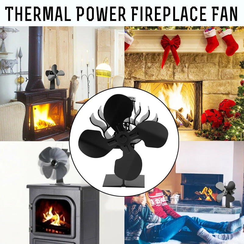 

Heat Powered 4 Leaves Fireplace Fan Heat-resistant Energy Saving Stove Fan Black