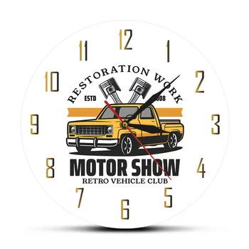 

Custom Print Clock Restoration Work Yellow Automobile Car Garage Tools Wall Watch Motor Show Retro Vehicle Club Horloge Murale