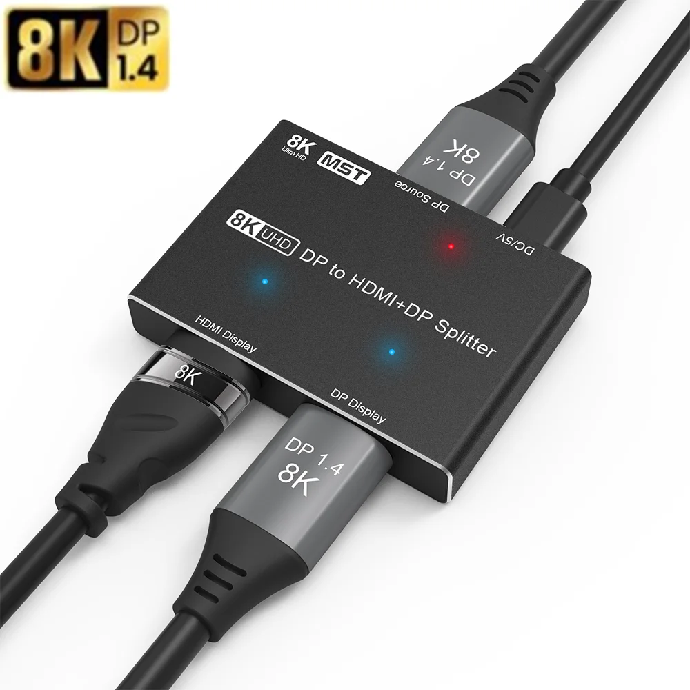 Разветвитель видео UHD Displayport/Displayport 1 4 и HDMI 2 1-совместимый концентратор 1x2 MST SST 8K при