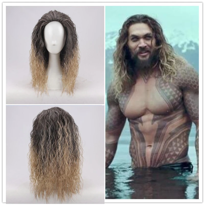 sexy anime cosplay Aquaman wig Aquaman Role Play Poseidon synthetic Hair Comic Cosplay Costume Curly Wigs Jason Momoa + wig cap holidays costumes