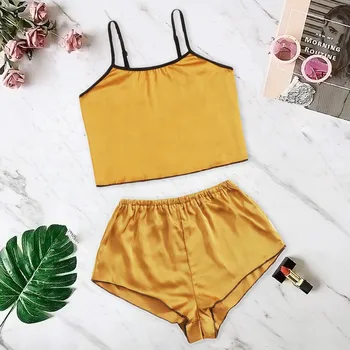 

Yellow Summer Sleep Tops New Women Satin Silk Camisole Shorts Set Sleepwear Pajamas Lingerie Underwear pijamas mujer sexy#45