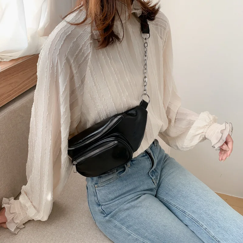 PU Chain Hip Packs Black Fanny Pack Multi-function Fashion Lady White Waist Bag Shoulder Bag Women's Belt Bum Bag Pochete Pouch