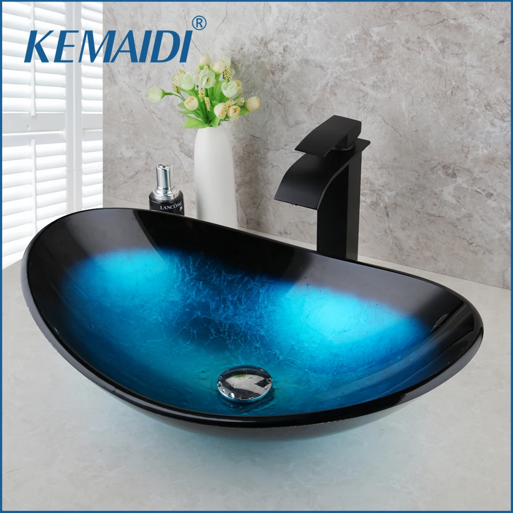 KEMAIDI Tempered Glass Hand Painted Waterfall Spout Basin Black Tap Bathroom Sink Washbasin Bath Brass Set Faucet  Mixer Taps