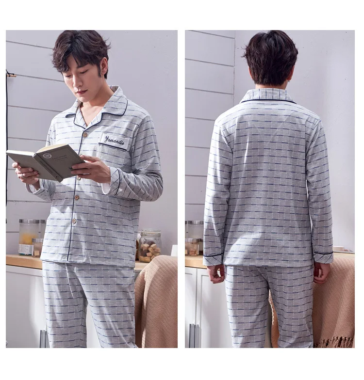 Pure Cotton Pajamas Men Spring And Autumn New Style Korean-style Casual Loose-Fit Long Sleeve Trousers Home Wear Two-Piece Set