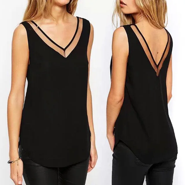 Sommer-weibliche Chiffon-Weste-Bluse 2020 neue Art und Weise beiläufige schwarze weiße ärmellose Hemden reizvolle V-Ausschnitt-Ineinander greifen-Oberseiten plus Größe S-3XL 1