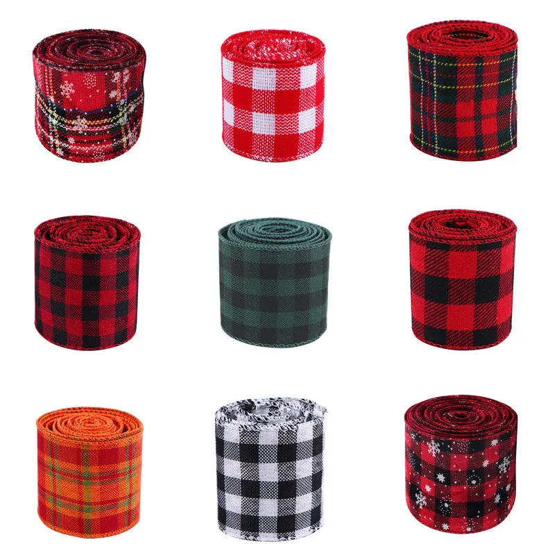 

6m/roll Red Black Plaid Ribbons Imitation Hemp Wrapping Wired Grosgrain Ribbon for Christmas Tree Bow Craft Xmas Home Decoration