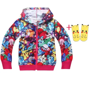 

New Boy Hooded Zipper Pikachu Hoodie Boy Pokemon Children's Sweatshirt Kids Outer Cartoon Tops Jacket Costumes and Pikachu Socks