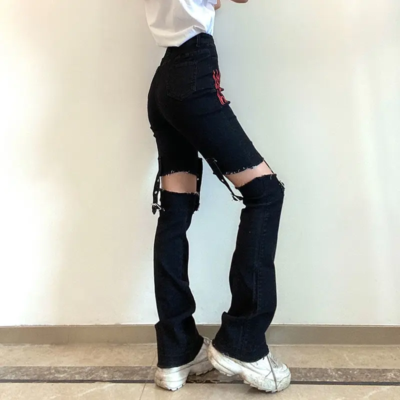 Kosahiki Hollow Jeans Woman Black Denim 