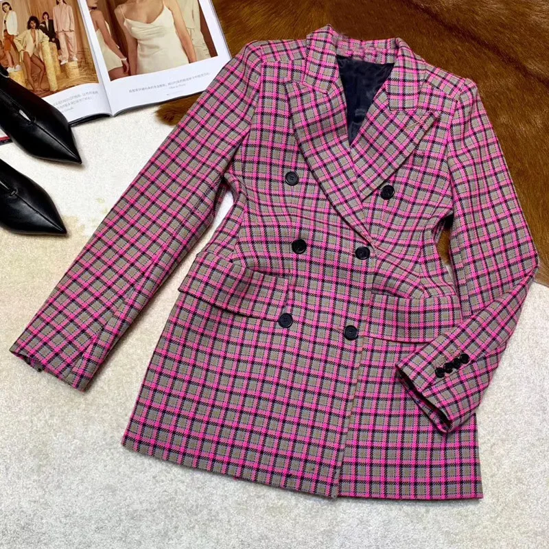 Женский офисный жакет пальто осень элегантный длинный рукав отложной воротник клетчатая куртка модная женская тонкая верхняя одежда