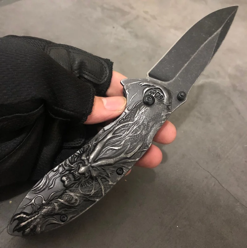 3D дракон король резьба Stonewash Тактический выживания туристические охотничьи ножи из нержавеющей стали Открытый карманный складной Ножи подарок