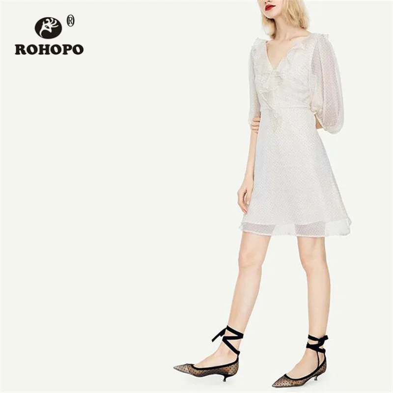 ROHOPO, Двухслойное Пышное шифоновое платье в горошек с коротким рукавом, с рюшами, с v-образным вырезом, с открытой спиной, шикарное женское праздничное платье#9481