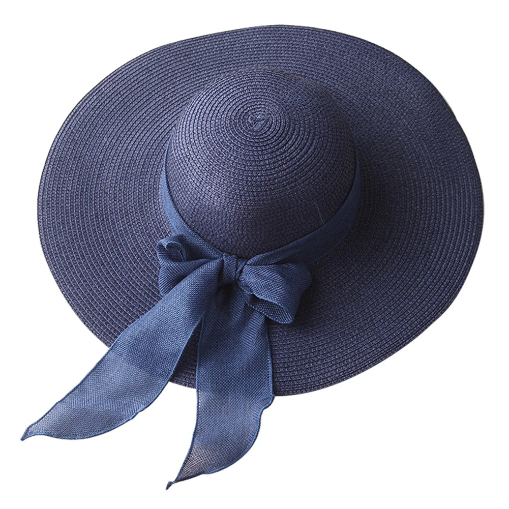 Navy Blue Женская летняя портативная пляжная уличная соломенная складная шляпа с бантом и широкими полями для путешествий - Цвет: Navy Blue