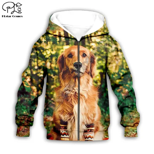 Kids zip hoodies Kid cute dogs 3D Golden Retriever print hoodie child baby boy girl clothing autumn Sweatshirt zipper jacket Pant - Цвет: Kids zip hoodies