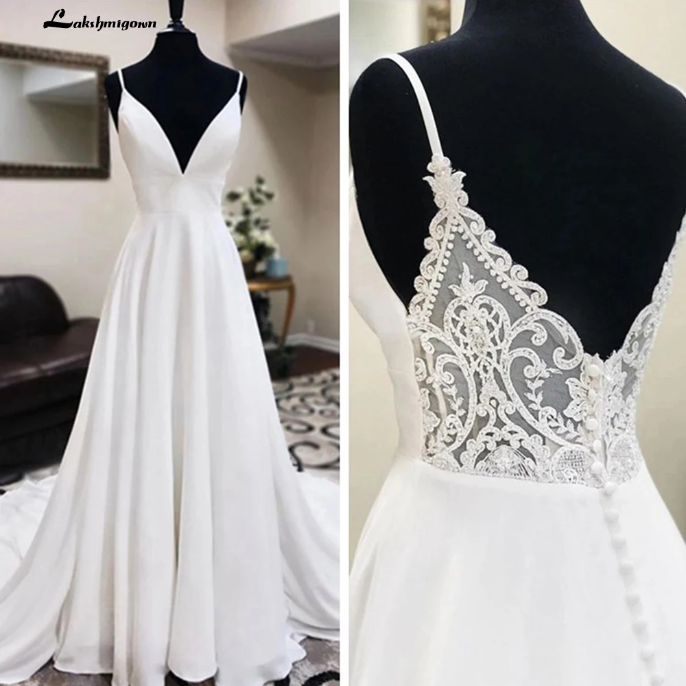 Spaghetti White Sexy Crepe Satin Wedding Dress A Line Engagement Dress Boho Wedding Gowns dress princess white Robe de mariee