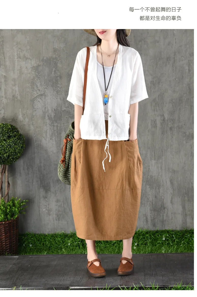 NINI WONDERLAND Spring Solid Cotton Linen Skirt Women Patchwork Loose A-line Skirt Female Mori Girl Style Skirt With Pocket