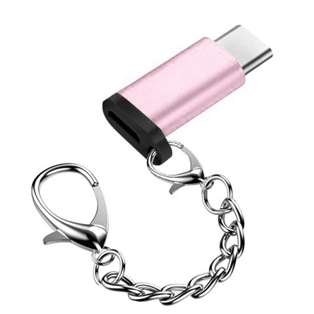 Micro USB для тип-c анти-потеря с брелком портативный алюминиевый сплав Быстрая зарядка синхронизации данных адаптер для samsung S8 - Цвет: Розовый
