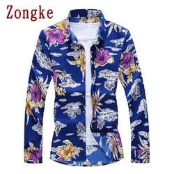 Zongke повседневные мужские рубашки в цветах модные мужские рубашки с длинным рукавом мужские повседневные тонкие рубашки Fit 5XL уличная 2019