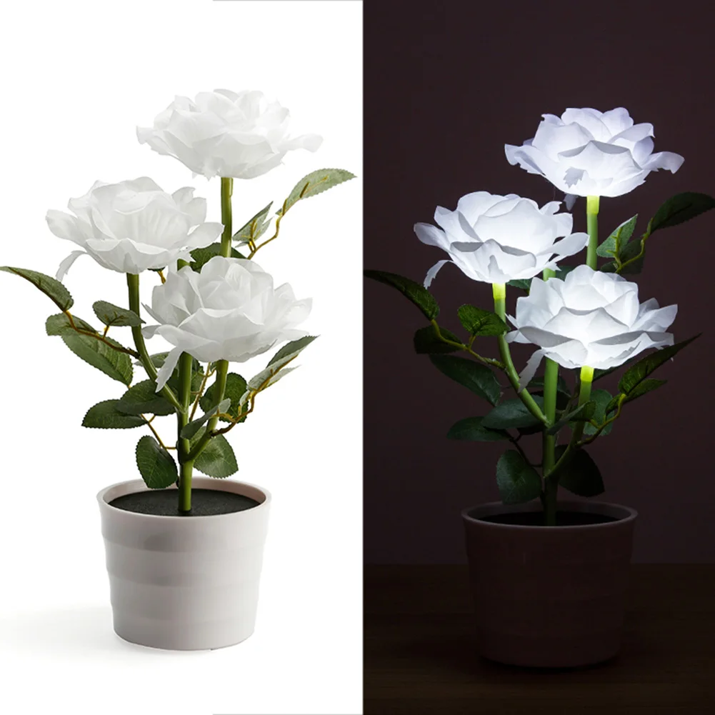 Bedroom Decorative Bedside Solar Powered Rose Lawn Garden Flower Pot Balcony Artificial Plant Table Lamp Led Home