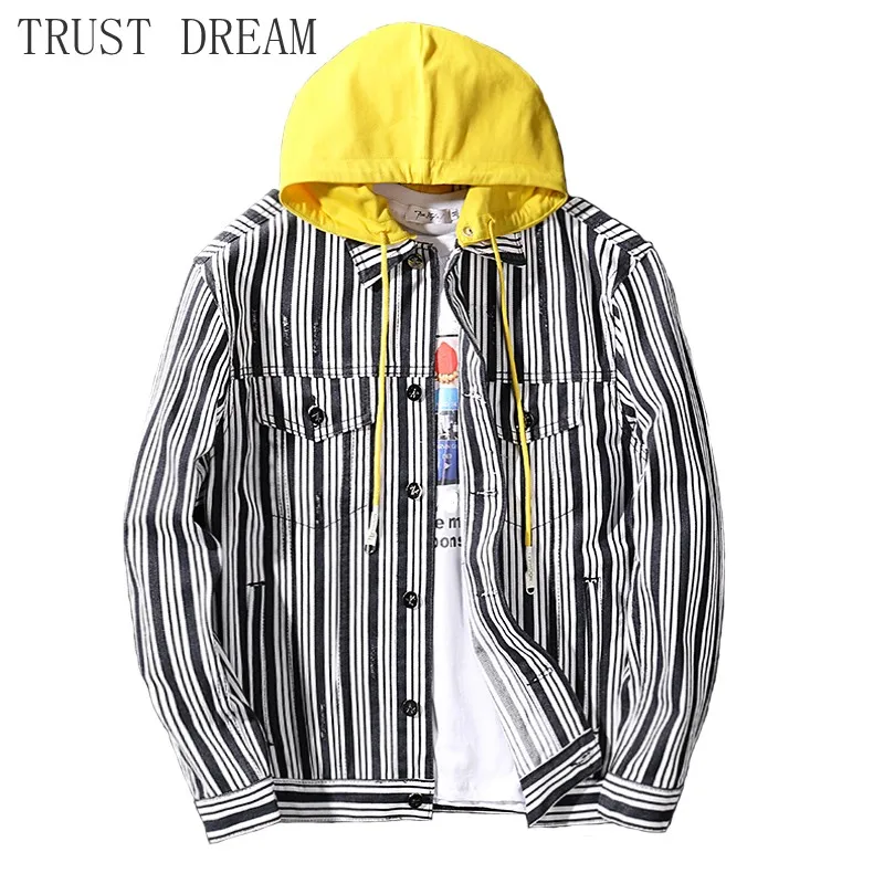 

2019 New Man Casual Denim Jacket Slim White Stripe Yellow Hoodies Men Cool Jackets Streetwear Hip Hop Cool Male Quality Coats