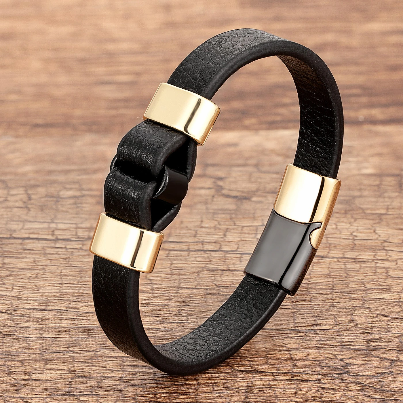 Genuine Leather Men Bracelet Charm Black Gold Color Magnetic Clasp Vintage Bangles Men's Jewelry bracelet jewelry