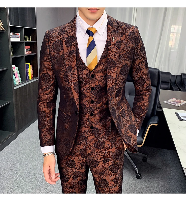 Цветочный жаккардовый костюм для мужчин Slim Fit коричневый бордовый темно-синий костюм для жениха из трех частей DJ партии выпускного вечера сценический костюм Q882