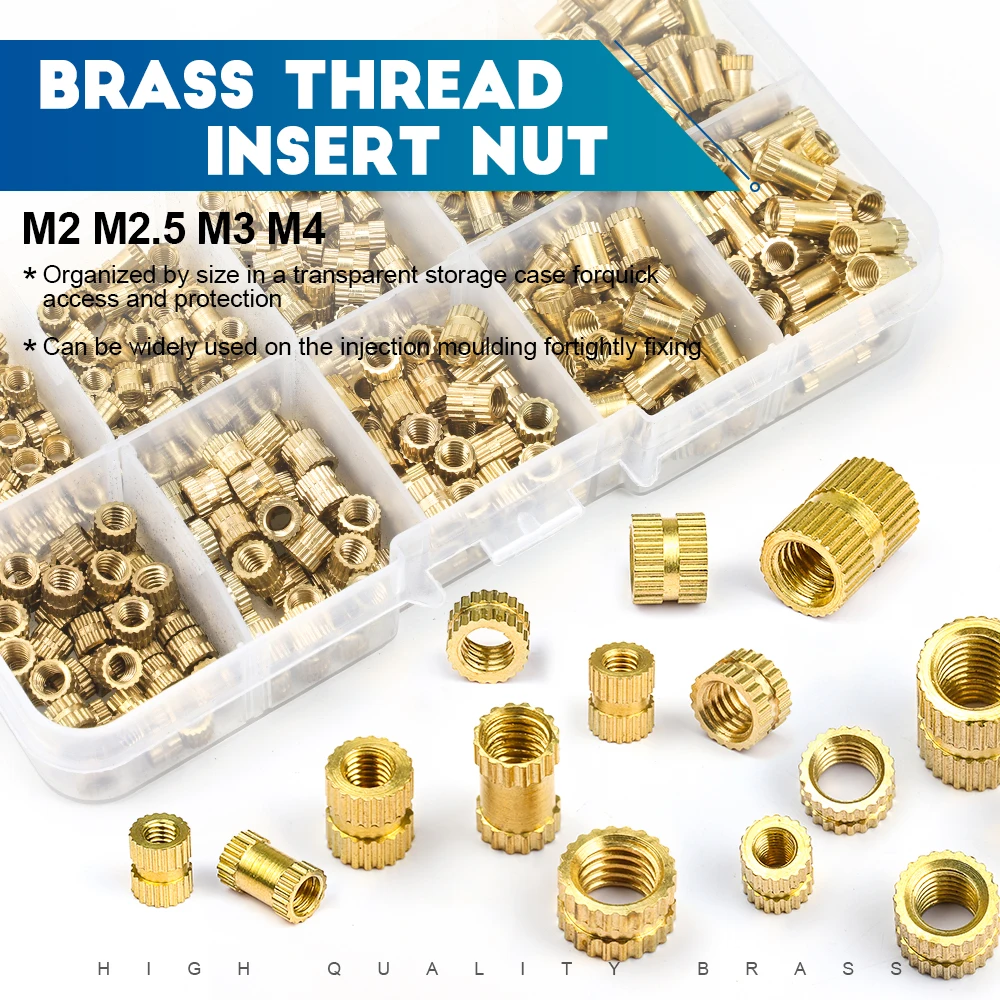 NINDEJIN 450/500pcs Brass Insert Nuts Set Female Thread Brass Molding Insert Knurled Nuts Assortment Double twill Embedded Nuts