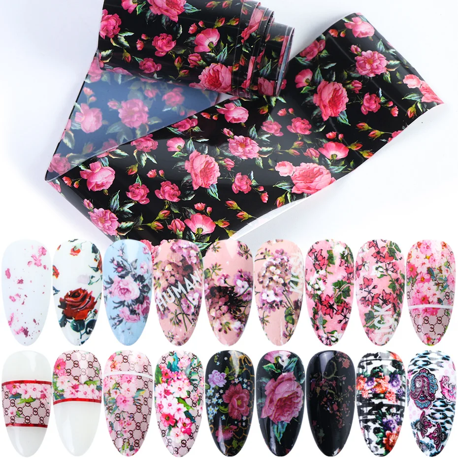 Flower Nail Foils Transfer Decals Wrap Sticker New Design Black Base Manicure Slider (18)