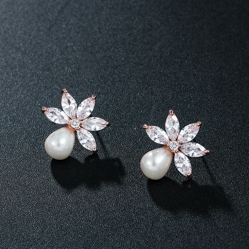 WEIMANJINGDIAN Cubic Zirconia Crystal CZ and Shell Pearl Leaf Earrings Women Bridal Jewelry