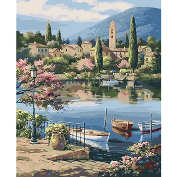 

Landscape Framed Pictures DIY Painting By Numbers Wall Art Acrylic Painting On Canvas Drop Shipping For Wedding Decor GX4651