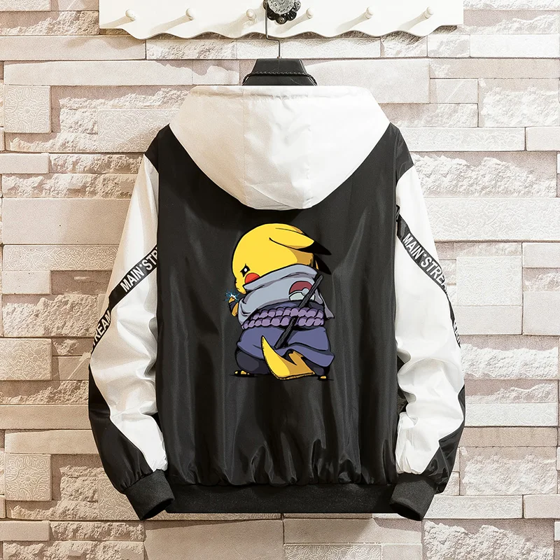 

LES KOMAN Pokemon Pikachu Printing Naruto Spring Autumn New Men Jacket Casul Streetwear Hooded Splice Coats Outwear S-5XL