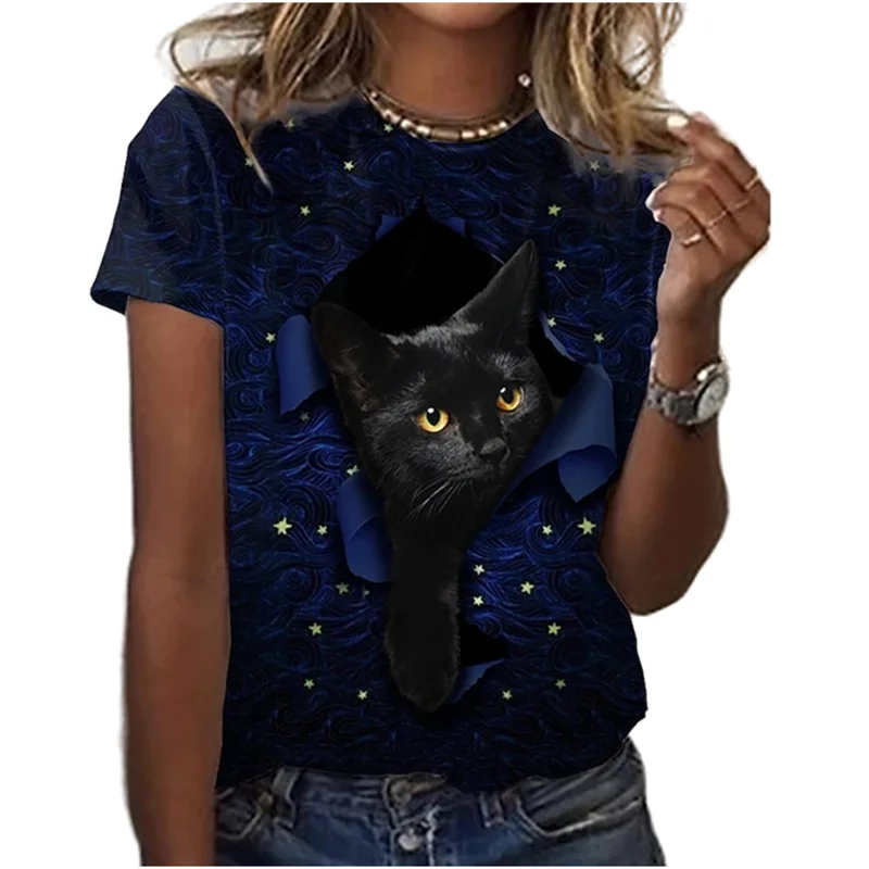 Animal Forest Cat 3D Printing Round Neck T-shirt Women Fun Short Sleeve Top Summer Pullover Retro Style Fashion Casual футболка