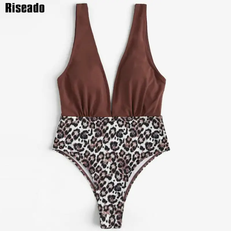 

Riseado Sexy Plunging One Piece Swimsuit Female Leopard Snake Print Swimwear Women 2020 Patchwork Beach Wear Bathing Suits