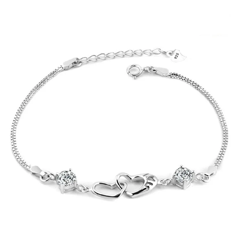 

S925 Sterling Silver Double Heart Interlocking Bracelet Women's Fashion Inlaid Diamond Bracelet Bracelets Engagement Jewelry