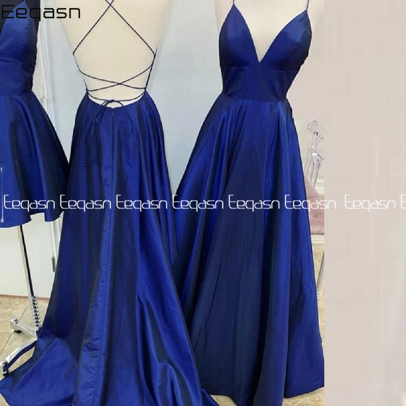 Королевский Синий A-Line Выпускные платья Robe de Soiree с глубоким v-образным вырезом на спине открытые вечерние платья Vestido de Festa