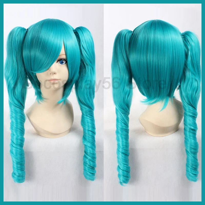 

VOCALOID Hatsune Miku Wig Blue 60cm Long Curly Ponytails Synthetic Hair Comiket Show Wig