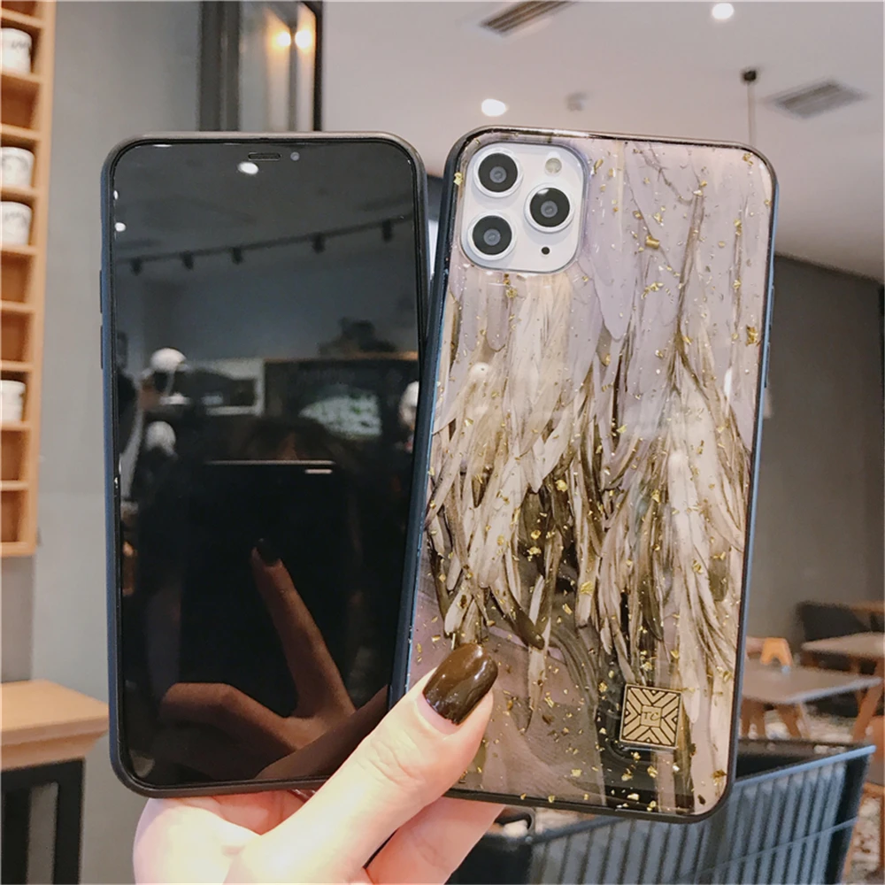 10 шт. золотой чехол с перьями из фольги для iPhone 11 Pro Max X XS Max XR чехол для телефона мягкий чехол из ТПУ для iPhone 7 8 6 6s Plus