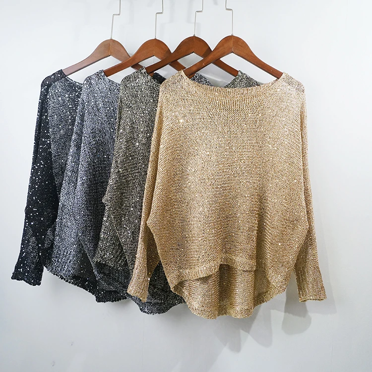 Long sleeve black Женский Золотой вязаный пуловер с люрексом, футболки с серебряной нитью, с длинным рукавом, с вырезом-лодочкой, рубашки, свободная прозрачная рубашка, Топ для женщин - Цвет: Long sleeve black
